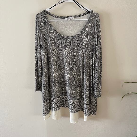 Rose + Olive Pullover Top Womens 2X Black White Damask Print Layered Illusion - Picture 1 of 8